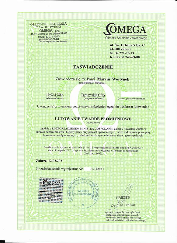 Lutowanie Twarde - Certyfikat