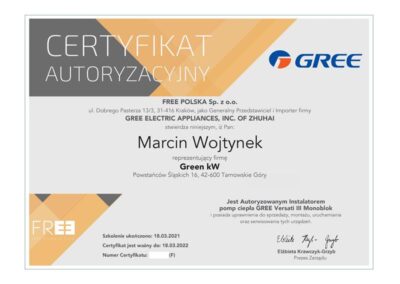 certyfikat Gree Pompy Ciepła - Autoryzowany Instalator