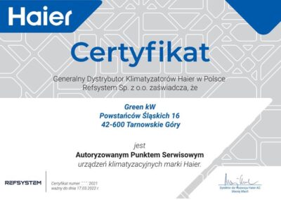 certyfikat Haier - Autoryzowany Serwis