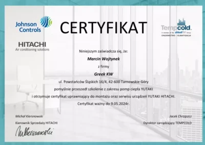 hitachi klimatyzacja certyfikat montazu i instalacji - Gliwice, Tarnowskie Góry, Zabrze
